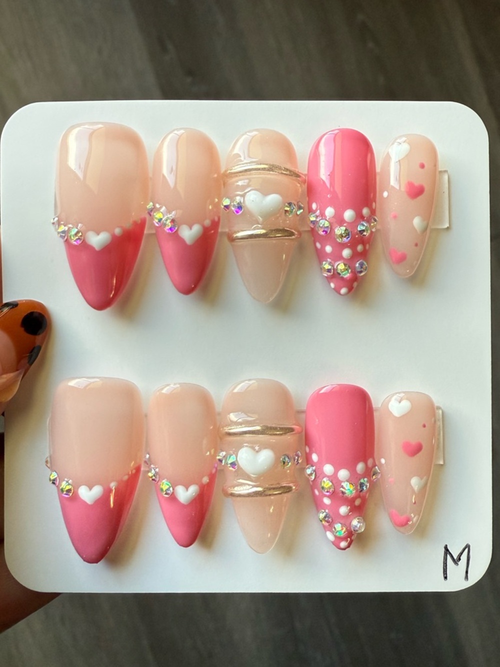 Pink & Nude Heart Rhinestone Press-On Nail Set